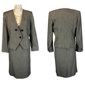 Vintage houndstooth Kasper for A.S.L. black & white V neck Skirt suit size 12